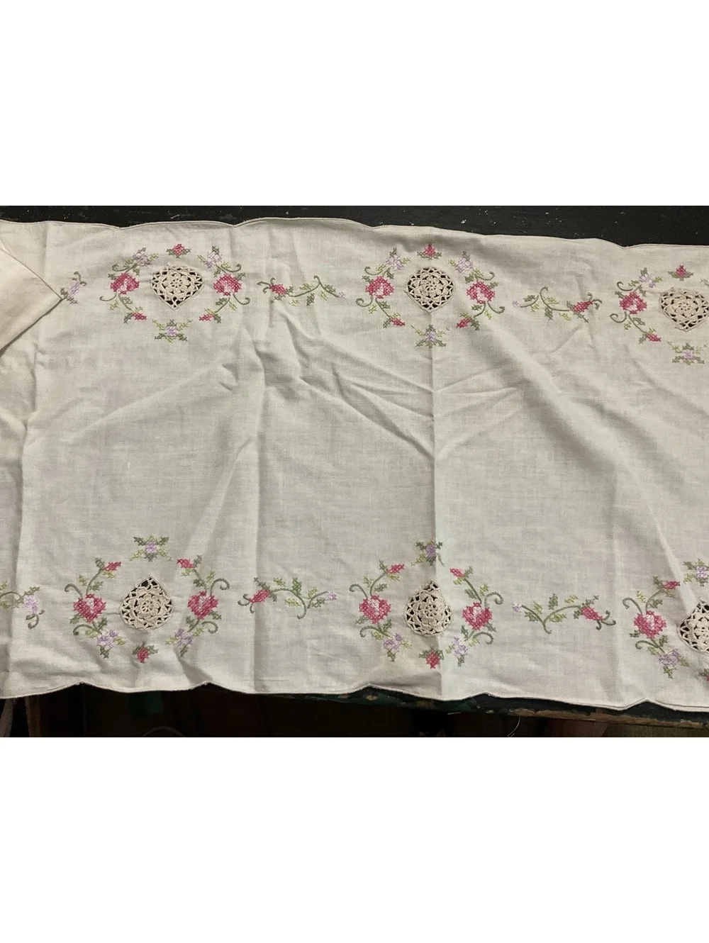 Vintage Embroidered Linen Table Runner with Heart Cutwork 53 1/2” x 15”